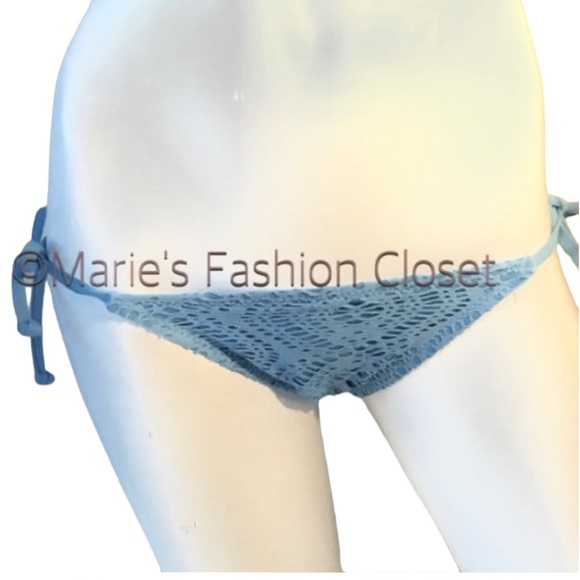 Becca Bohemian Crochet Overlay Light Blue Side Tie Swim Bikini Bottom - Picture 1 of 2